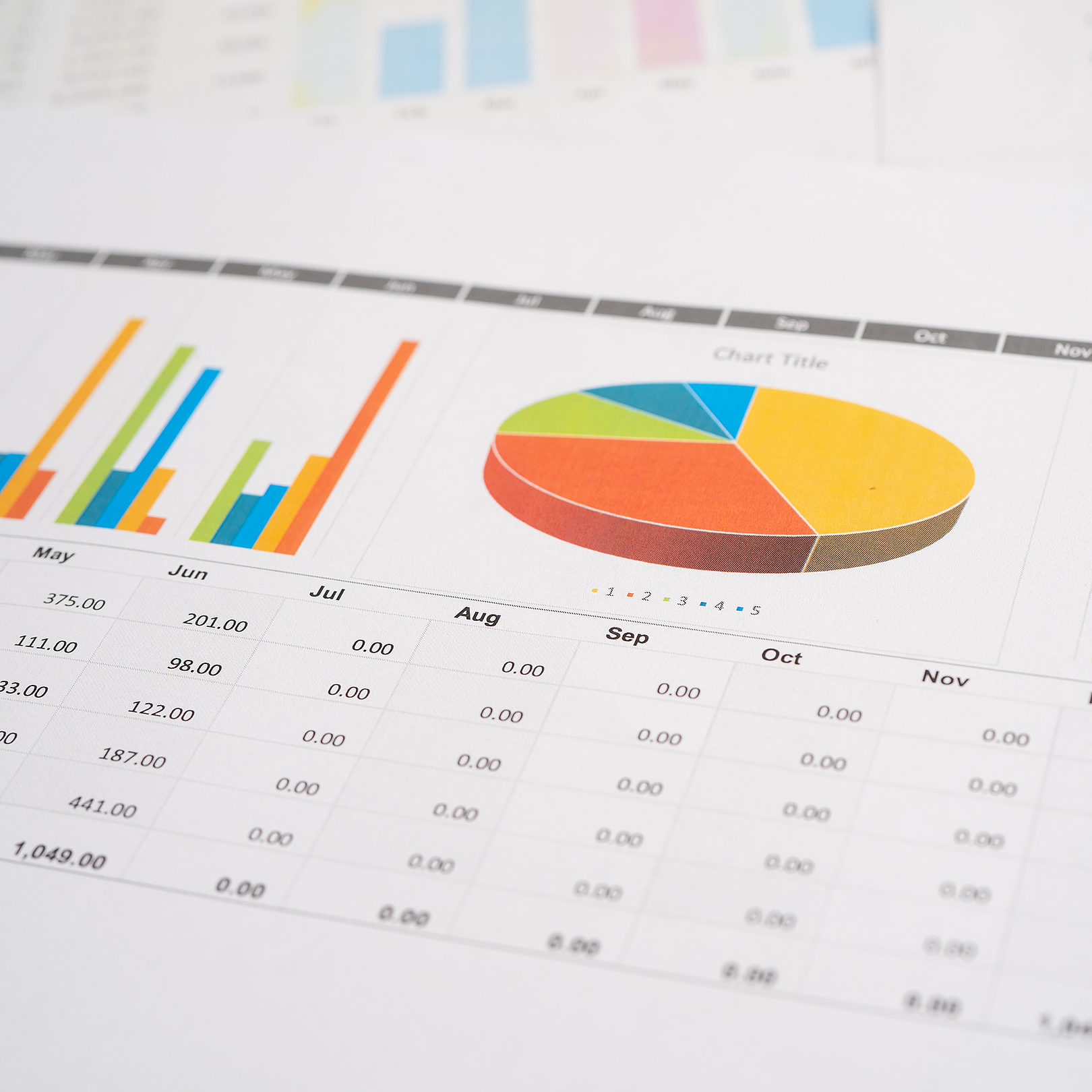 printed spreadsheet with data and graphs